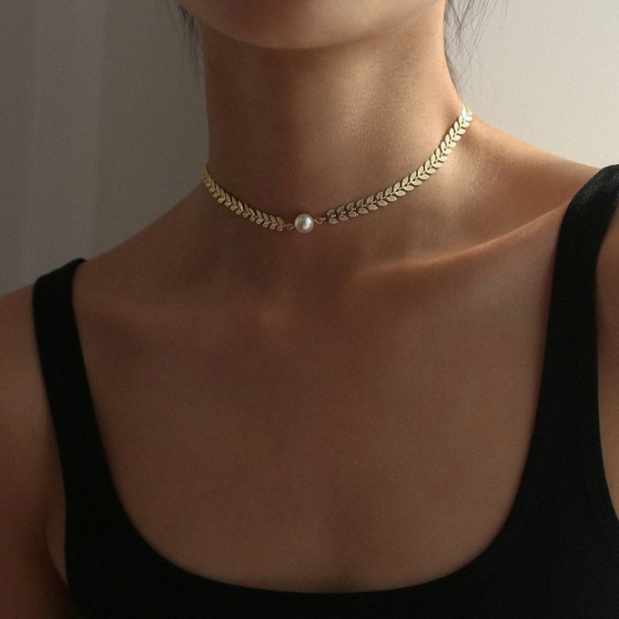 Wholesale 18K Gold Plating Olive Leaf Pearl Necklace Fashion Choker for Women