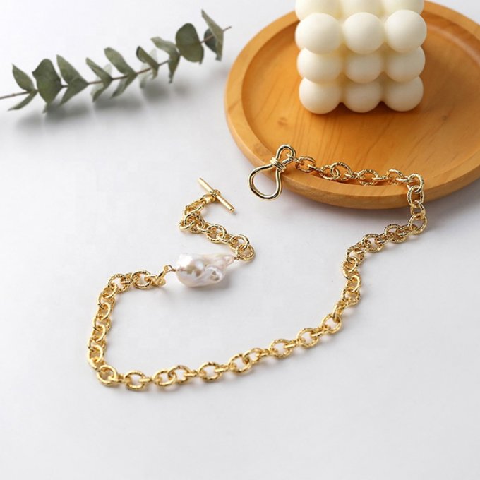 Fashion Jewelry Women Gold Plated Natural Baroque Pearl Link Chain Pearl Necklace